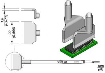 Das Bild zeigt eine technische Illustration eines Bauteils mit zwei Röhren und Abmessungen. Es enthält eine Ansicht von vorne und einen Querschnitt, verbunden mit einem Kabel zu einer Platine.