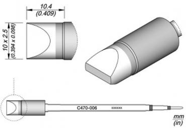 The image shows technical drawings of a cylindrical object with a chamfered end. Dimensions are provided, and a top view is also depicted.