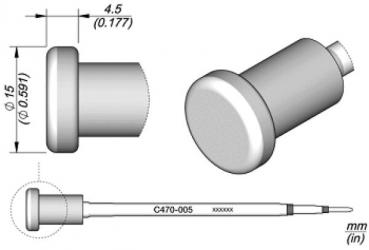 Das Bild zeigt eine technische Zeichnung eines kleinen zylindrischen Objekts mit einem runden Kopf und einem langen, dünnen Stift. Maße sind angegeben. Objekt hat einen Durchmesser von 4,5 mm.