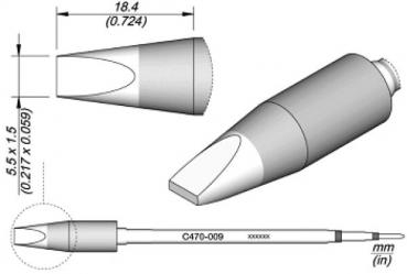 The image displays a technical drawing of an object, likely a pen or tool, with a pointed end. Dimensions in millimeters are provided, describing the length and width.