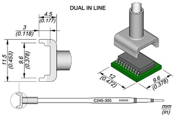 Das Bild zeigt eine technische Zeichnung eines Dual-In-Line-Gehäuses mit Maßangaben. Es zeigt ein markiertes Bauteil, das auf einer grünen Platine sitzt, und eine Anschlussleitung.