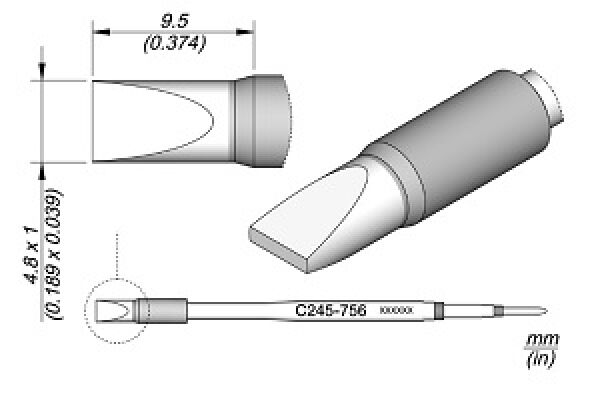 Das Bild zeigt eine technische Zeichnung eines Objekts, vermutlich eines Stifts oder Werkzeugs. Es gibt seitliche Ansichten und Maßangaben in Millimetern, mit einem geschwungenen Griff und einer spitzen Spitze.