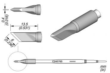 The image displays a technical drawing of a tool attachment. Various views with dimensions are shown at the top. The attachment has a flat tip and a round handle.