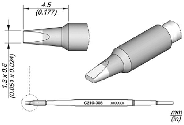 The image displays technical drawings of a tool, including a side and top view. It features a pointed shape with dimensions provided in mm.