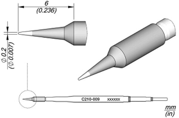 The image displays technical drawings of a pointed object, likely a pen. It shows views from the top, side, and bottom, with measurements.