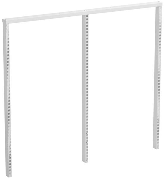 The image shows a simple, white shelving frame with two vertical sides connected by a horizontal bar at the top. It features various perforations for mounting options.