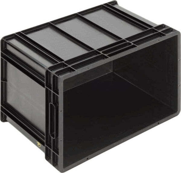 The image shows a black plastic box with open sides and a sturdy frame. The box has handles on the sides and a flat top with crossbars. Ideal for storage.