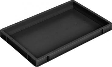 The image displays a rectangular, flat tray made of black plastic. It features raised edges and a smooth interior surface, ideal for transporting items or food.