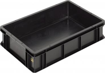 The image shows a rectangular, flat box made of black plastic. It has high, straight walls and a reinforced bottom structure, suitable for storing or transporting items.