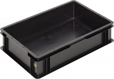 The image shows a rectangular, flat plastic box in black. It has high walls and a smooth bottom, ideal for storing or transporting items.