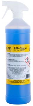 The image shows a blue bottle with a spray cap. On the front, there is a yellow label with the inscription "ESD-Cleaner" and safety warnings. The bottle has a volume of 1 liter.