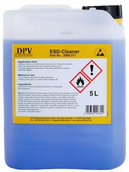 The image shows a blue canister with a yellow label. It reads "DPV ESD-Cleaner" and includes several warning symbols. The canister has a black cap and holds 5 liters.