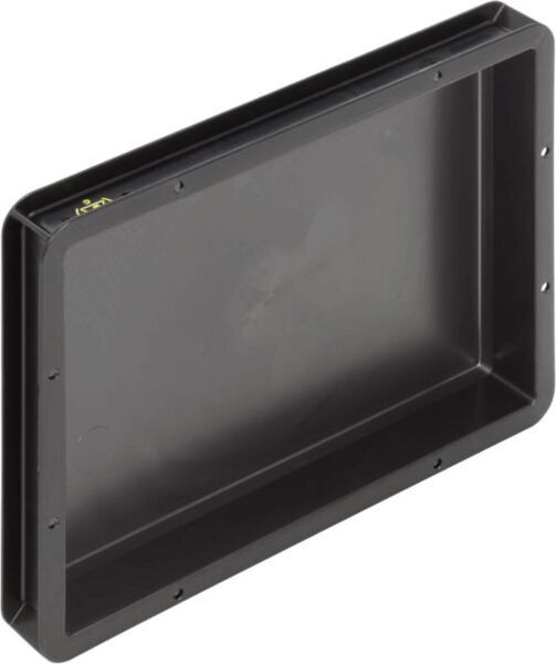 The image shows a rectangular, black plastic box without a lid. It has rounded corners and several small holes on the sides, likely for mounting. The inside is smooth.