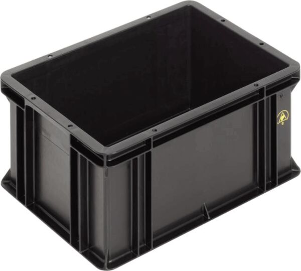 The image shows a rectangular, black plastic box without a lid. It has tall, straight walls and a smooth, glossy surface. The corners are rounded and sturdy.