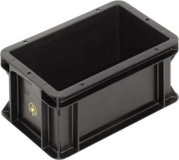 The image shows a rectangular, black plastic box. It has straight edges and a smooth surface with an opening on top. The walls are sturdy and the box sits on a flat base.