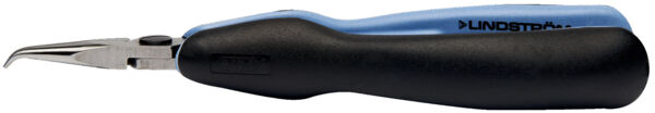 The image shows a narrow pair of pliers with an elongated, angled tip. The handle is ergonomically designed, with a black and blue surface.