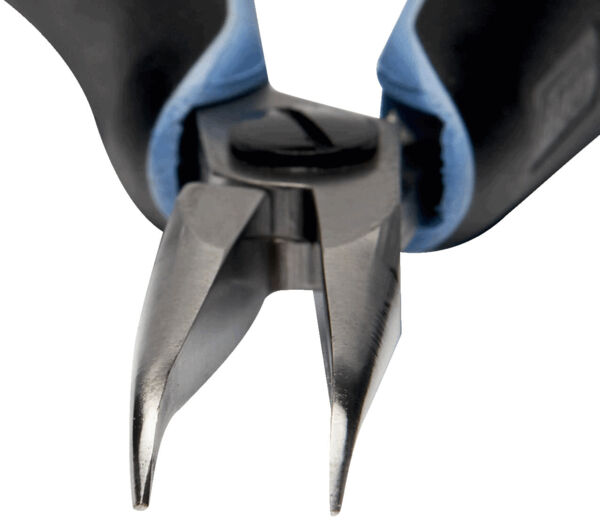 The image shows a pair of pliers with pointed, sharp blades made of shiny metal. The handles are wrapped in blue and black rubber components that provide a secure grip.