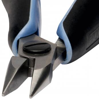 The image displays a set of pliers with black and blue handles. The cutting surfaces are sharp and metallic, featuring a central screw for adjustment. They appear sturdy and functional.