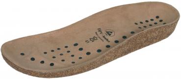 The image shows a brown insole made of soft material with a slightly curved edge. The underside has small holes that provide ventilation. It is lightweight and flexible.