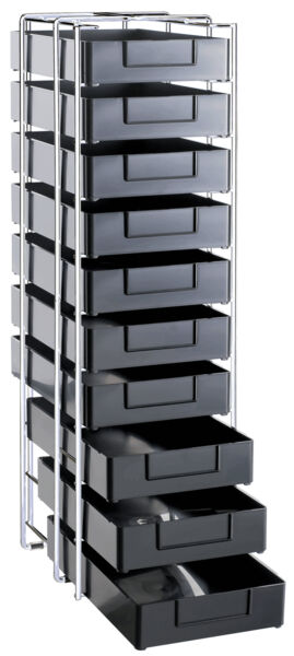 The image shows a narrow, tall rolling cabinet made of metal with several black drawers. The drawers are evenly arranged and have a smooth surface.