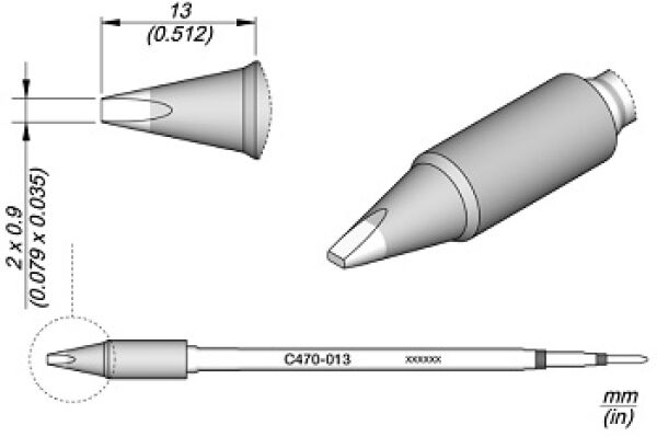 Das Bild zeigt eine technische Zeichnung eines Stifts. Es sind verschiedene Ansichten dargestellt: die Spitze, die Seite und eine Detailansicht. Maße sind in mm und Zoll angegeben.