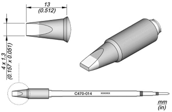 Das Bild zeigt eine technische Zeichnung eines Stifts. Oben sind die Vorder- und die Seite des Stifts dargestellt, unten der Stift in der Seitenansicht. Maße sind angegeben.