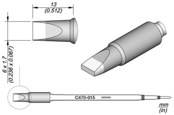 Das Bild zeigt eine technische Zeichnung eines Objekts. Es hat eine konische Spitze und einen zylindrischen Griff. Maßangaben sind sichtbar, die Länge ist etwa 13 mm.