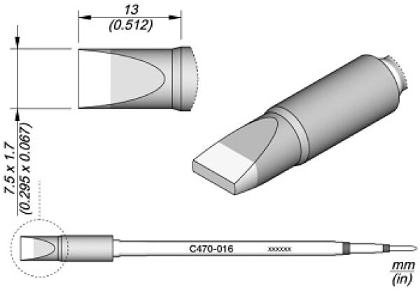 Das Bild zeigt eine technische Zeichnung eines Instruments. Es hat eine spitz zulaufende Form mit einem flachen Ende. Die Maße sind angegeben, und der Körper ist zylindrisch mit einer grauen Oberfläche.