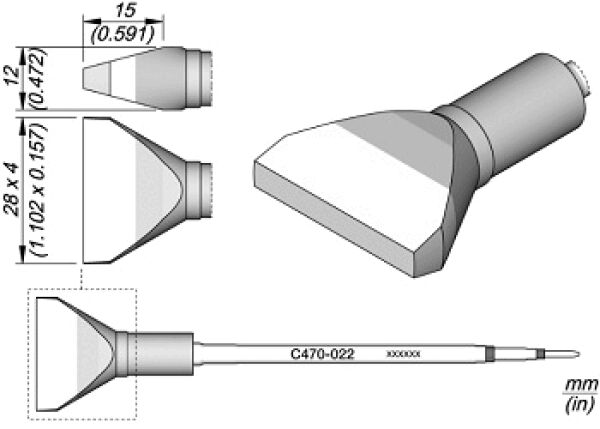 The image displays technical drawings of an accessory part with a conical end and a slender neck. Dimensions are provided in millimeters and inches. The part has a flat, wide tip.