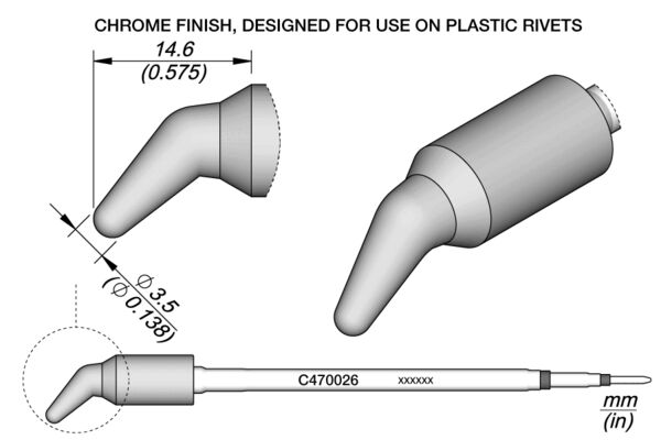 The image displays a technical drawing of a tool attachment with a curved end. The attachment has a chrome finish and dimensions are provided. It is designed for plastic rivets.