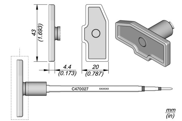 The image displays a technical drawing of a component. It features a flat, rectangular structure with dimensions. A long pin extends from the base, on which a small cylindrical part is seated.