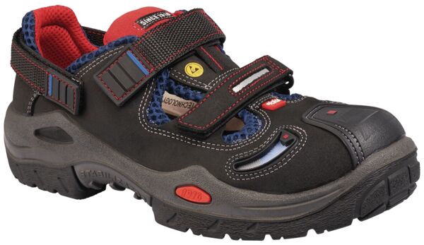 Der Schuh ist ein schwarzer Sandalettyp mit roten und blauen Akzenten. Er hat zwei breite Klettverschlüsse, eine robuste Sohle und ist für den Outdoor-Einsatz geeignet. Er wirkt atmungsaktiv.