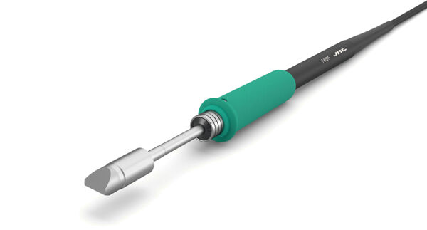 The image displays a soldering iron with a metallic tip. The handle is green and rubberized, while the cable is black. The tip is flat and slightly recessed.