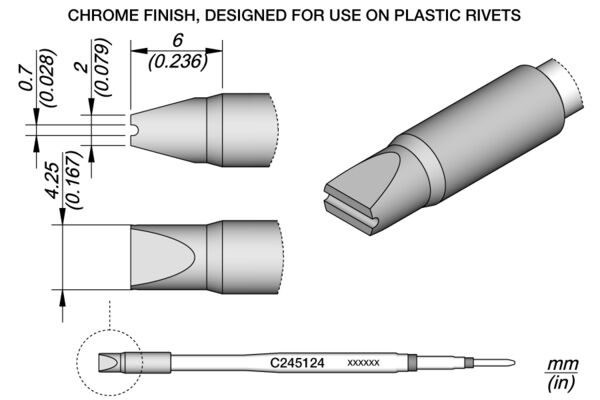 The image shows a technical drawing of a tool with rounded ends and precise measurements. It is intended for plastic riveting pliers and has a chrome-plated surface.