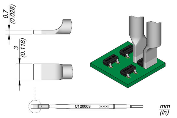 The image displays a technical drawing of an electrical component. On the right side, there is a circuit board with four connections. On the left are side views of the component, including dimensions.