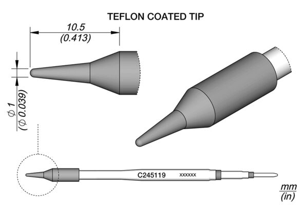 Das Bild zeigt technische Zeichnungen eines Teflon-beschichteten Stifts. Es gibt Ansichten von der Seite, oben und unten, mit Maßangaben. Der Stift hat eine spitze Form.