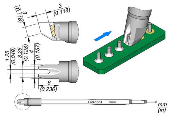 Das Bild zeigt technische Zeichnungen einer Komponente. Links sind Maße angegeben, rechts eine schematische Darstellung, die die Verbindung zu einer Platine zeigt. Ein Pfeil zeigt auf die Bewegung oder Position.