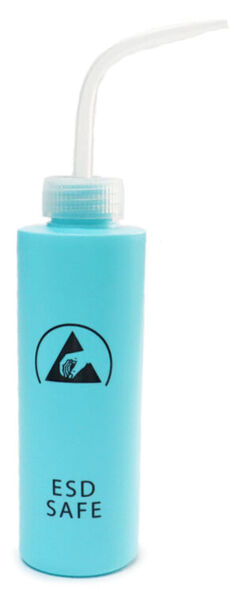 The image shows a tall, cylindrical bottle in light blue with a narrow pouring spout. On the front, there is a black symbol with the text "ESD SAFE".