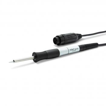 The image shows a soldering iron with a black handle and a silver section in the middle. At the end, there is a thin, pointed metal tip. It has a cable with a plug.