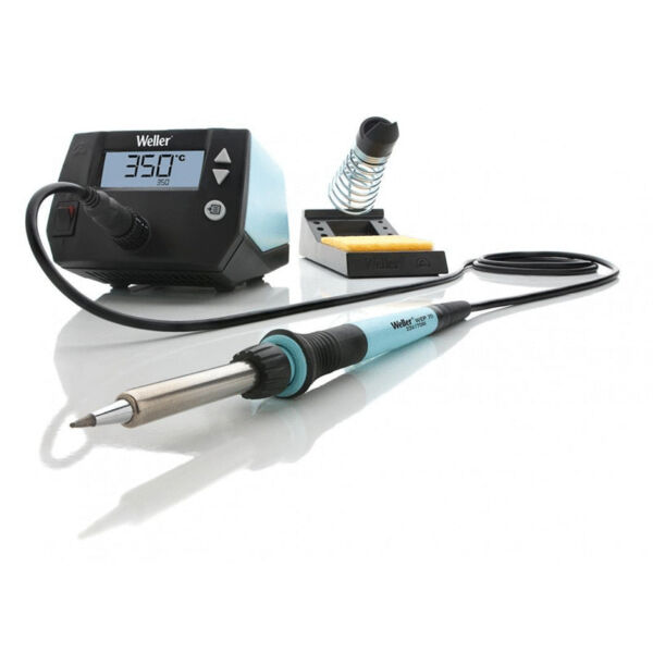 The image displays a soldering iron kit. It includes a digital temperature controller with a display, a soldering iron, and a stand with a sponge. The iron has a black handle and is silver-colored.