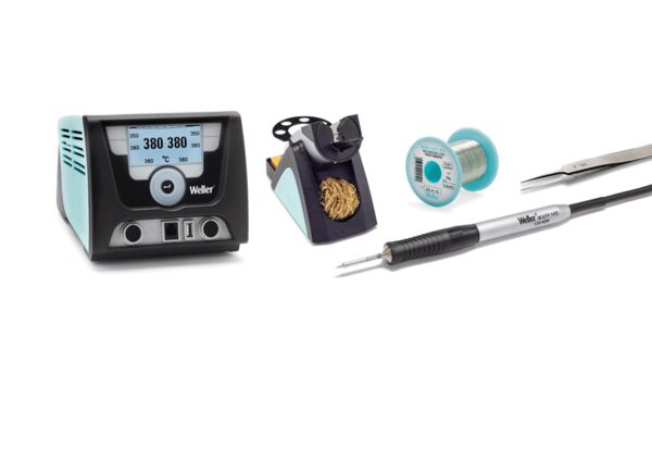 The image displays a soldering iron kit. In the center is a soldering iron with a digital temperature display, next to it a soldering station, solder wire on a spool, and tweezers. All parts are primarily in black and blue.