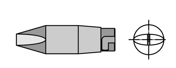 Das Bild zeigt eine grafische Darstellung einer Munition. Links ist die Seitenansicht einer Patronenform mit spitzem Ende. Rechts ist ein Querschnitt, der die innere Struktur zeigt.