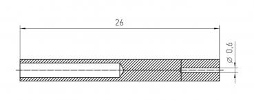 Das Bild zeigt eine technische Zeichnung eines zylindrischen Objekts. Es hat eine Gesamtlänge von 26 mm und einen Durchmesser von 0,6 mm. Der Querschnitt ist schattiert dargestellt.