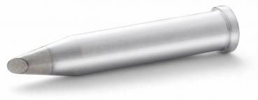 The image shows a cylindrical, silver-colored object with a pointed, round front and a flat, rounded end. It has a smooth surface and is metallic.