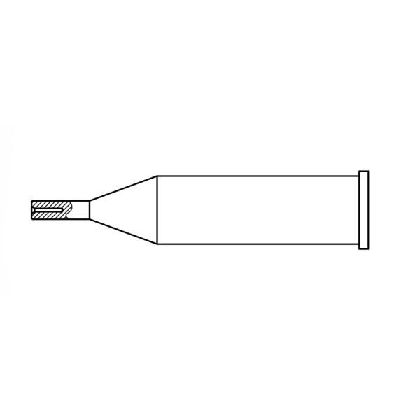 Das Bild zeigt eine schematische Darstellung eines Stifts. Er hat eine längliche Form mit einer breiten, flachen Spitze und einem schmaleren Griff. Der gesamte Stift ist aufrecht positioniert.