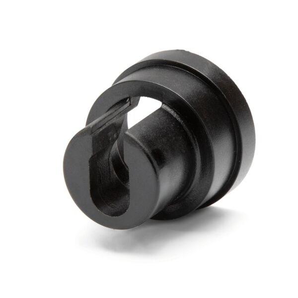 The image shows a black-painted, cylindrical object with a U-shaped notch. The surface is smooth and the object has a wide, flat rim.