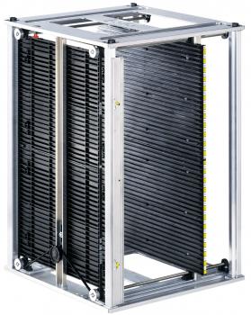 The image shows a rectangular device with a metallic frame and several black slats arranged in parallel. It has an open front and a sturdy construction.