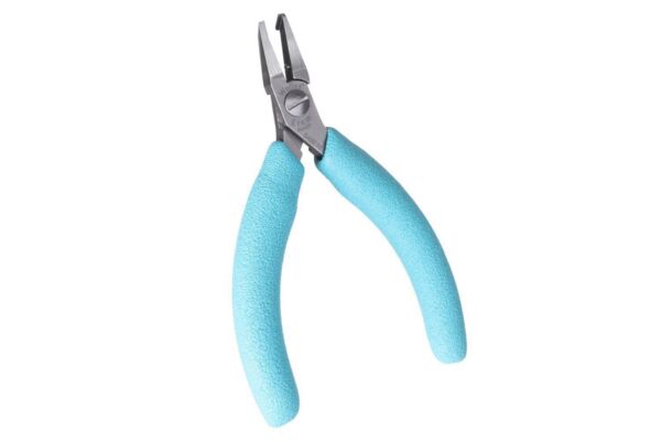 It is a pair of pliers with short, narrow blades and blue, grippy rubber handles. The blades are metallic and slightly open, suitable for fine work.