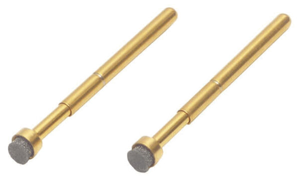 The image shows two long, gold-colored pens, each with a round, gray tip. The pens are slender and have a uniform shape.