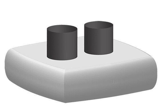 Das Bild zeigt eine flache, abgerundete Basis in hellem Grau mit zwei aufrechten, zylindrischen, schwarzen Rohren oben. Die Rohre sind gleich groß und stehen parallel zueinander.